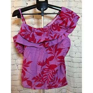 Old Navy Women's One Shoulder Ruffle Top Tropical Print Purple Red XL